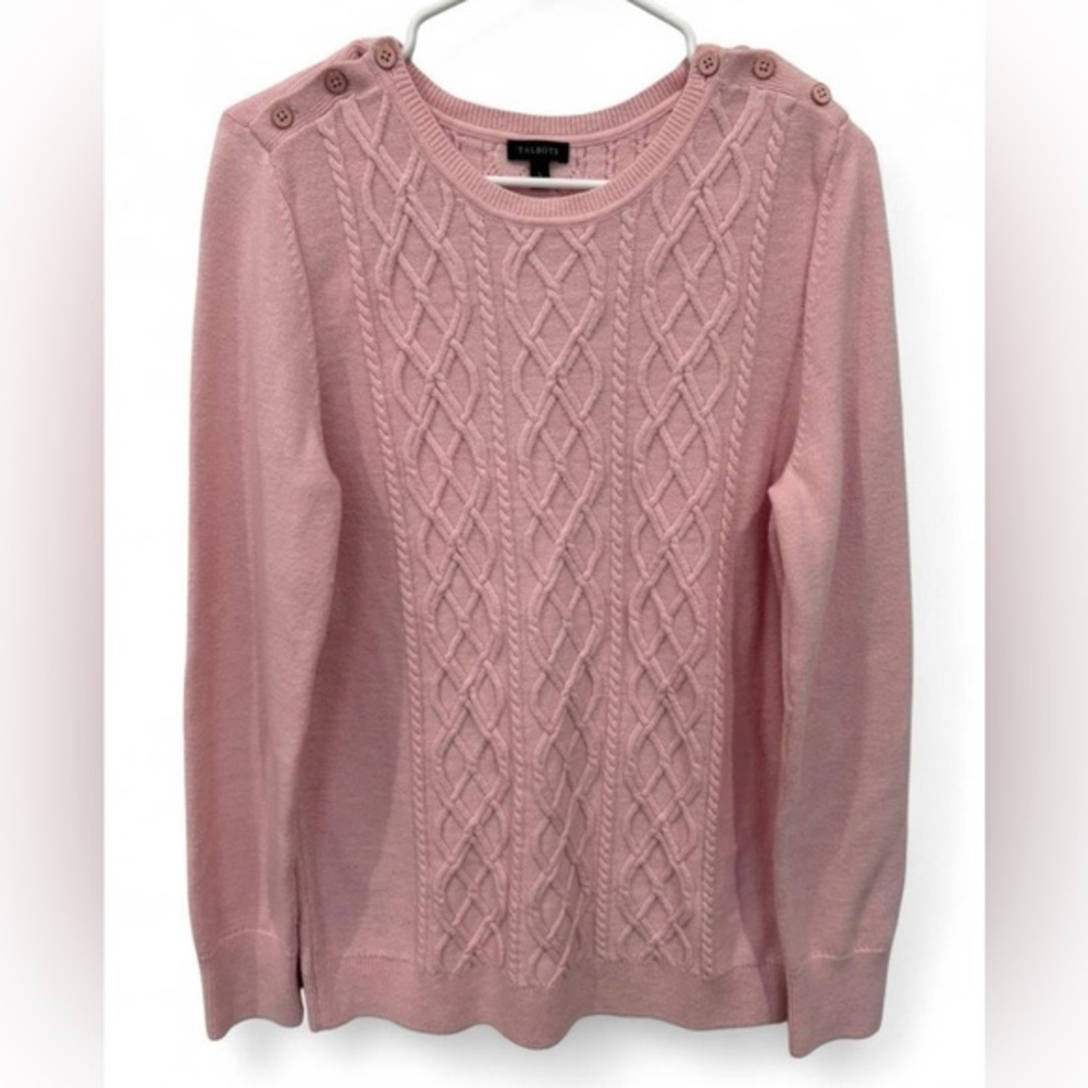 Women's Talbots Lambswool Cable Knit Pink‎ Sweater Large Button Detail Pullover